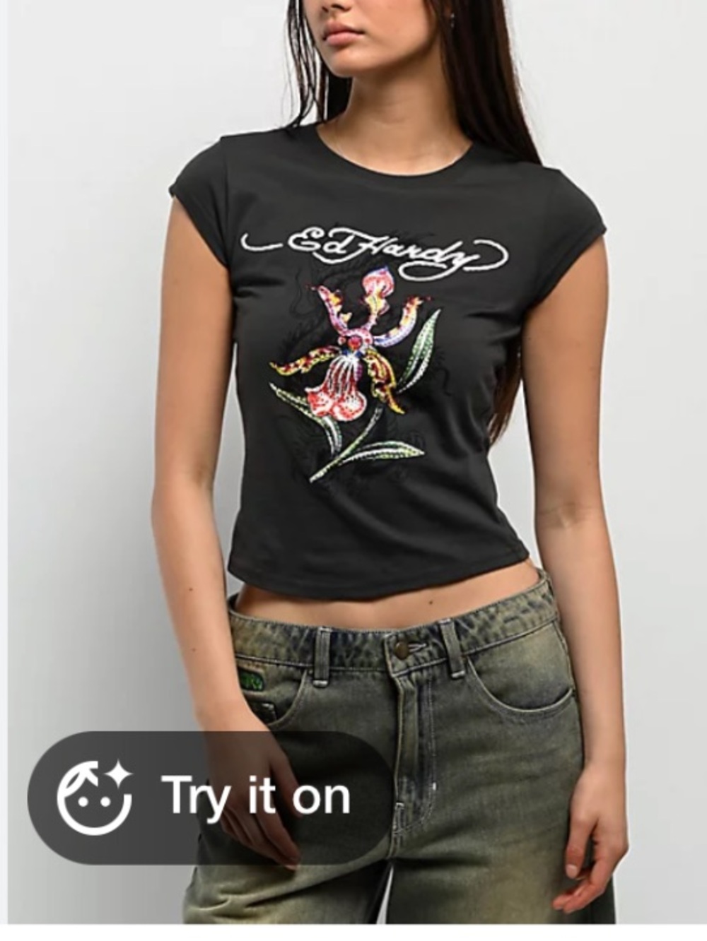 Ed Hardy Black Orchid Rhinestone Tee - Picture 2 of 12